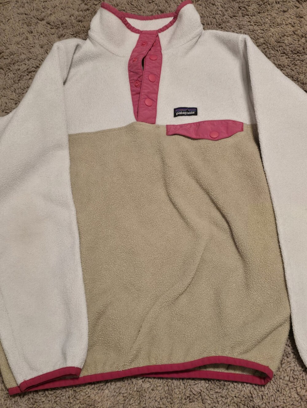 Patagonia Girls Large 12 Lightweight Synchilla Snap-T Fleece Pullover Cream Tan